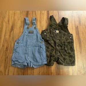 Vintage Oshkosh Vestbak Railroad Stripped and Carhartt Camo Short Overalls Baby